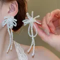 Elegant iridescent white crystal flower tassel drop earrings with S925 silver needles - Style 44 / White