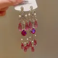 Vintage lange Quastenohrringe mit rosa Kristallen und Perlen für Damen - Silberne Nadel Stil (29)