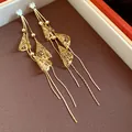 Close-up of elegant 18K gold plated tassel earrings with sparkling zircon studs detail - Hollow Tassel Style / Gold