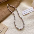 French retro grey and white pearl choker necklace with adjustable metal chain extension - 16# Necklace (HN4646) / 6mm/Pack / Gray