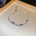Elegante pulsera ajustable de plata con tres piedras de cristal rosa ovaladas para mujer - Estilo 38# Plateado Rosa Tres Piedras