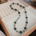 French vintage choker with grey and dark green beads presented in a beige jewelry box - 47# Necklace-Splicing Pearl (HN4646) / Gray/Deep Green