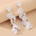 Elegant long white rose petal tassel dangling earrings featuring gold chain links - Stud Earrings / White