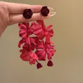 Macro detail of retro red multi-layered fabric flower drop earrings with velvet rose studs - Style 11 Flocked Flower Studs with Silver Post Red / Red