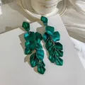 Elegant green rose petal multi-layer tassel drop earrings with fashionable luxury design - Stud Earrings / Matte Green