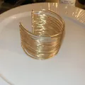 Bold golden metallic multi-layer wire wrapped wide cuff bracelet with polished finish - 10# Bangle-Gold