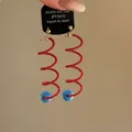 Vintage red spiral beaded earrings with blue bead accents for women - Style 43 Spiral Beaded Earrings with Silver Post / Red