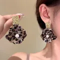 Vintage leopard print flower drop earrings with white pearl accent and textured gold stud - Style 51 Leopard Pearl Flower Earrings with Silver Post / Gold-Light Coffee