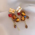Vintage gold flower earrings with amber beads and red heart charms on silk - Vintage Dangle Studs with Silver Post Multicolor / Gold-Red-Brown