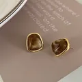 Vintage resin stud earrings featuring brown marble texture and elegant gold-plated frame. - Irregular Square Resin Studs (23#) / Brown
