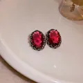 Vintage oval stud earrings with large ruby red faceted gemstone in black metal frame - 28# Silver Needle - Red - Oval
