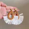 Handmade brown woven teardrop stud earrings featuring white raffia fan fringe design - 56# Silver Needle - Brown - Yellow