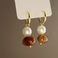 Retro Maillard style drop earrings featuring white pearl and brown irregular resin - Geometric Resin Pearl Dangle Style (8#) / Gold Brown