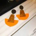 Geometric stud earrings in Maillard palette with marbled trapezoid and orange semi-circle - Geometric Patchwork Retro Hoop (48#) / Black-Brown-Orange