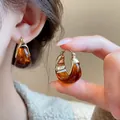 Retro Maillard style amber resin hoop earrings with gold-plated geometric accents - Geometric Retro Ear Buckle (13#) / Gold Brown