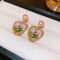 Detailed view of French vintage heart earrings with pink pearls and floral enamel - Gold Heart Pink Floral Enamel Pink Pearl (14#)
