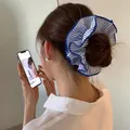 Korean style oversized blue and white striped scrunchie for hair buns - Double Layer Striped Style / Blue