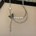 Fashionable silver necklace featuring white pearls with black butterfly and star charms - Butterfly Pearl Splicing Style (6#) / Silver