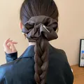 Premium large dark brown satin scrunchie shown on a braided ponytail for retro hairstyles - 55# Hair Tie - Dark Brown 13.5cm
