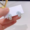 Elegant light blue flower stud earrings with pearls and S925 silver posts Korean style - 1# Blue