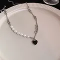 Elegant necklace with baroque pearls and a black heart pendant on a stylish silver chain - Heart Pearl Splicing Style (19#) / Silver
