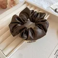 Korean style oversized coffee brown faux leather scrunchie with FMdrea brand tag - Satin Style (9cm Wide) / Dark Coffee
