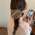 Elegant brown striped oversized hair scrunchie accessory with a golden heart charm detail - Square Striped Style (Heart Buckle) / Coffee