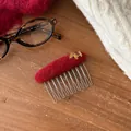 Macro detail of elegant red flocked hair comb featuring a golden horse charm and metal teeth - 4# Hair Stick / Red/Gold