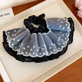 Elegant black scrunchie with large white polka dot mesh ruffles and lace trim - Lace Patchwork Style (HH6870) / Black