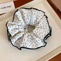 Large vintage white polka dot scrunchie with elegant black ruffled edge for hair accessories - Polka Dot Ruffled Style (HH6870) / White