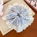 Vintage purple floral scrunchie hair tie with delicate white lace trim accessories - Floral Lace Style (HH6870) / Purple