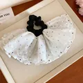Elegant white polka dot ruffled mesh hair scrunchie with black high-elastic band - Polka Dot Mesh Style (HH6870) / White