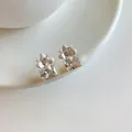 Elegant Korean style flower earrings with square cubic zirconia and pearls - Gold-White