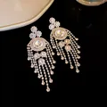 Detailansicht von luxuriösen Silber-Quastenohrringen mit rundem Strass-Design - Silber