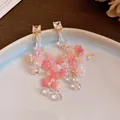 Detailed view of pink floral dangle earrings with sparkling crystal beads and studs - Style No.45(45#) / Silver Needle / Pink