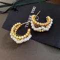 Exquisite pearl hoop earrings with elegant gold-plated wire-wrapped texture details. - Gold Real Gold Plating (7#)