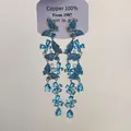 Elegant long dangle earrings with blue butterfly and flower-shaped zirconia crystals - Style 89 Silver Earring Post / Silver-Blue
