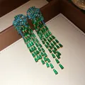 Exquisite close-up of luxury green baguette zircon and blue crystal long tassel earrings - Gold Green (33#)