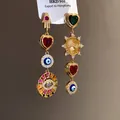 Asymmetric gold dangling earrings with heart and evil eye zircon details - Gold Multicolor (43#)