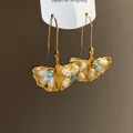 Elegant gold ginkgo leaf earrings with white pearls and blue turquoise beads - Gold White (52#)