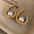 Elegant braided gold hoop earrings with white pearl in the middle for women - Gold White Real Gold Plating (59#)