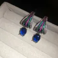 Luxurious drop earrings with colorful zircon pavé and a deep blue oval gemstone - Gunmetal Black Multicolor (62#)