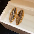 Elegant marquise-cut grey crystal stud earrings with gold beaded border in a gift box - Gold Gray (63#)
