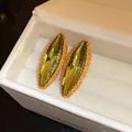 Elegant olive green marquise-cut gemstone stud earrings with textured gold frame - Gold Green (65#)