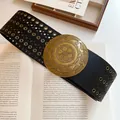 Vintage wide black leather belt with ornate gold circular buckle and metal rivets - 64# Waist Chain