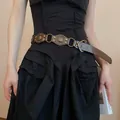 Vintage brown leather rivet belt with metal ring connectors on a black dress - 1# Waist Chain