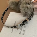 Black leather rivet belt with rhinestone buckle and grey faux fur trim for Y2K style. - 34# Waist Chain