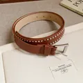Elegant brown leather belt featuring silver studs and a classic metal rectangular buckle - 77# Waist Chain