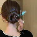 Eleganter Haarstab im chinesischen Stil mit blauem Schmetterling und Kunstperlen - Gold-Grün