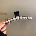 Elegant matte black shark hair claw clip decorated with white faux pearl embellishments - Pearl Decorated Style / Black